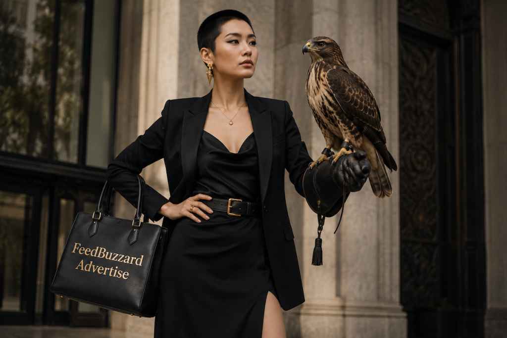 FeedBuzzard Advertise: What You're Buying, and What It's Worth Woman in a black suit holding a buzzard, carrying a bag reading FeedBuzzard Advertise
