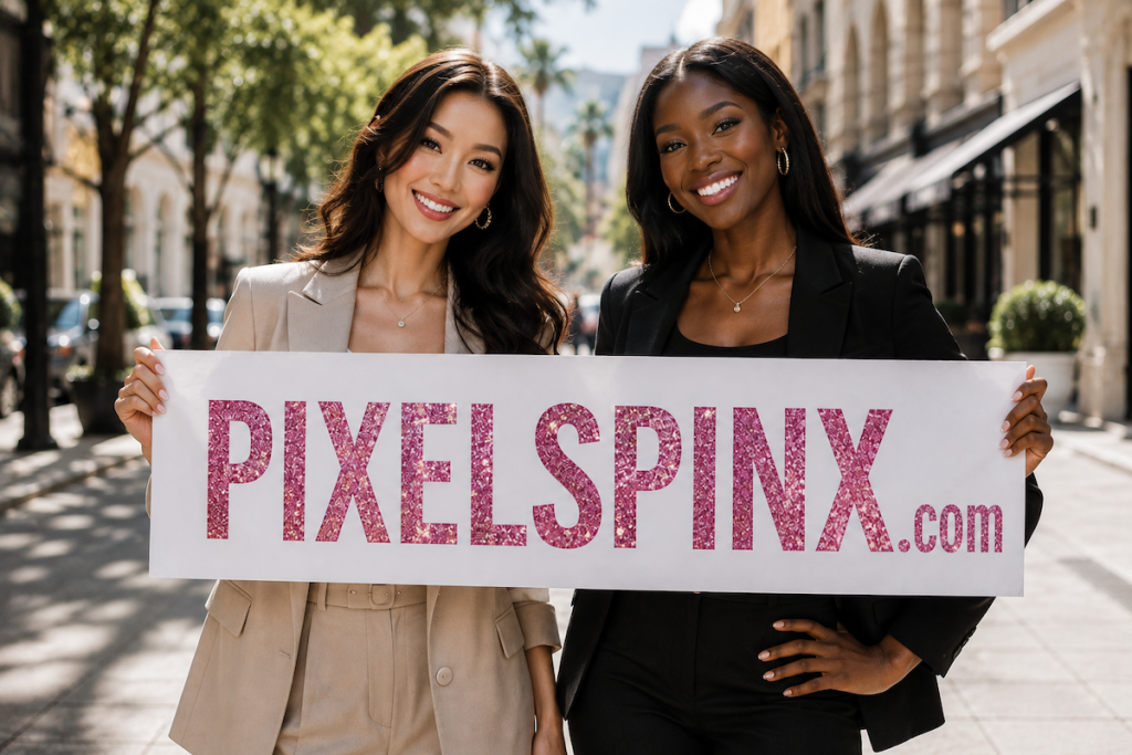 Two women holding a large sign reading PixelSpinX com
