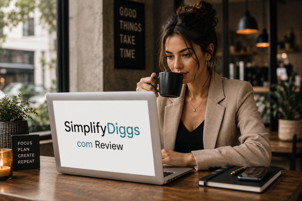 Woman in a cafe reading a laptop screen showing SimplifyDiggs com Review