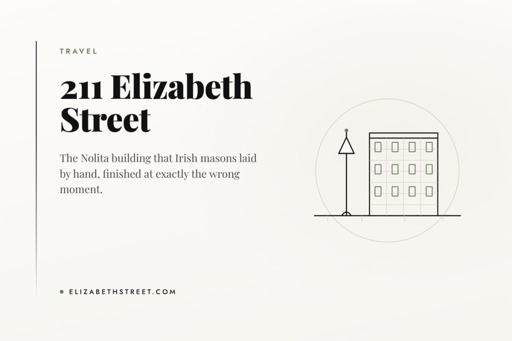 Line illustration of the seven-storey brick facade of 211 Elizabeth Street beside a Nolita street lamp