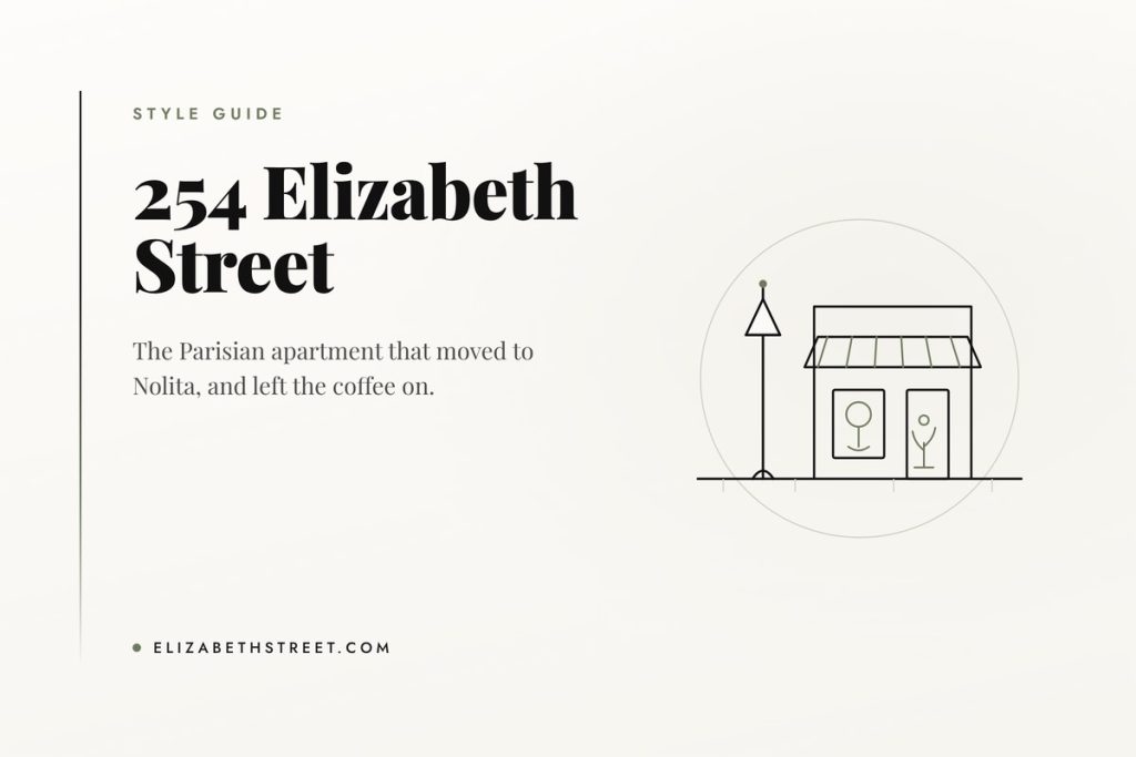 Line illustration of a Nolita shopfront with awning and window display at 254 Elizabeth Street