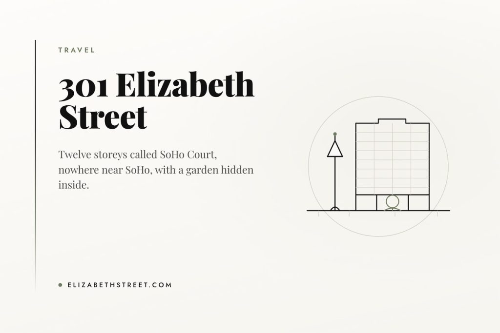 Line illustration of a twelve-storey apartment block with a courtyard garden at 301 Elizabeth Street