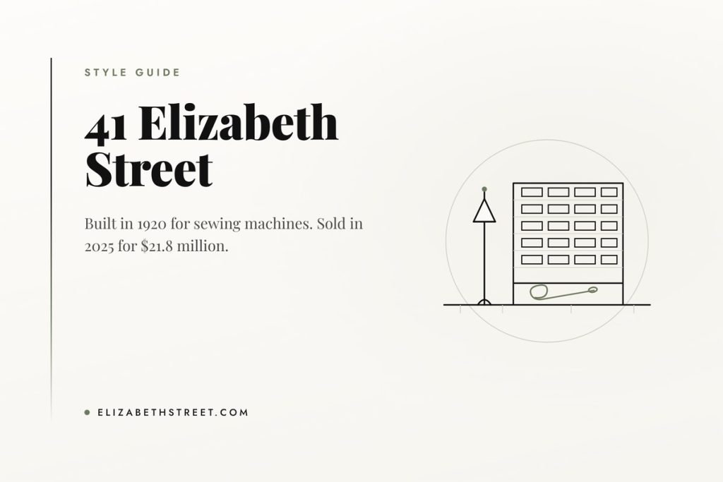 Line illustration of a seven-storey loft building with a needle and thread at 41 Elizabeth Street