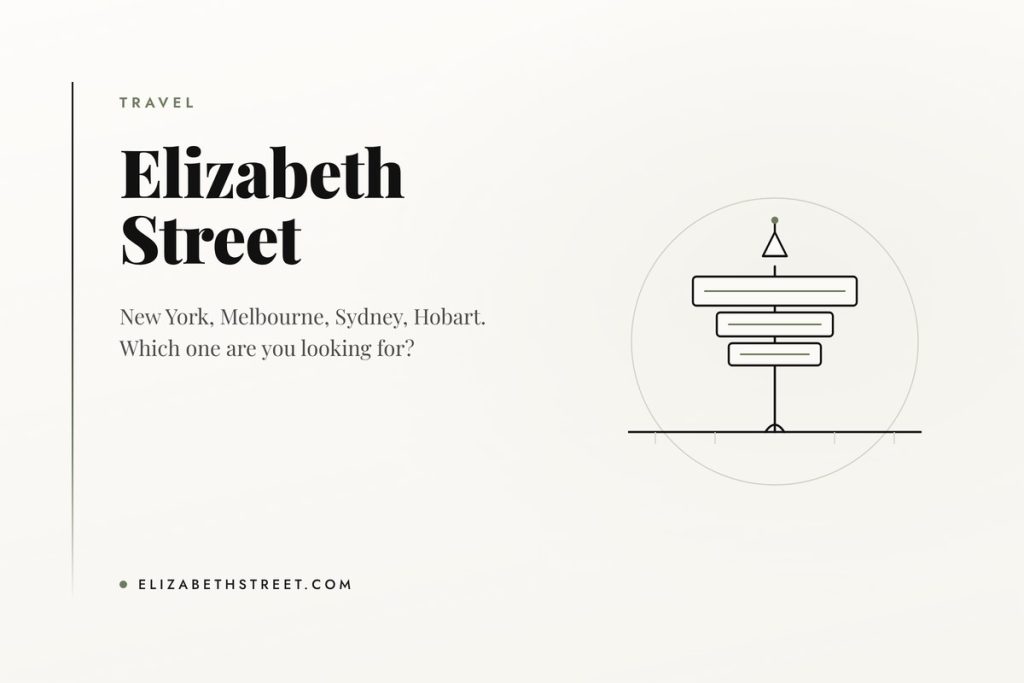 Line illustration of a street sign reading Elizabeth Street beside a street lamp