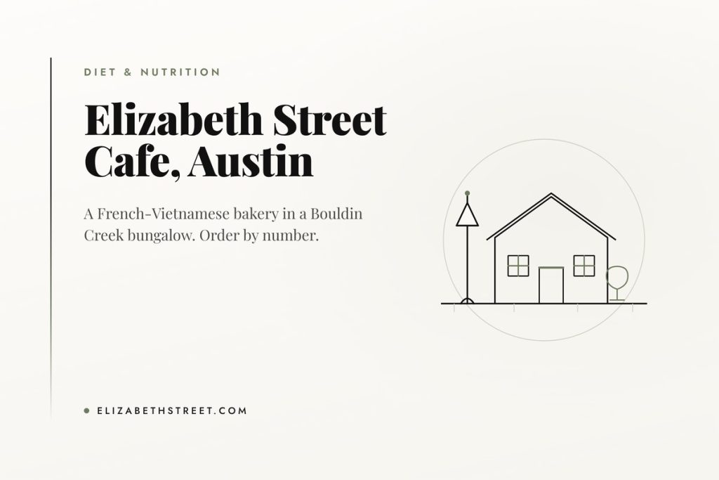 Line illustration of a corner cafe with a pink door and turquoise shutters, Elizabeth Street Cafe in Austin