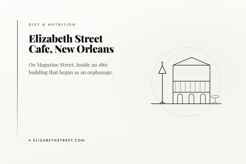 Line illustration of a nineteenth century hotel facade with a cafe patio, Elizabeth Street Cafe in New Orleans