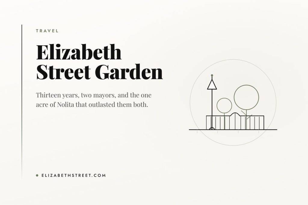 Elizabeth Street Garden: The One Acre That Outlasted Two Mayors Line illustration of iron railings and trees beneath a street lamp at Elizabeth Street Garden in Nolita