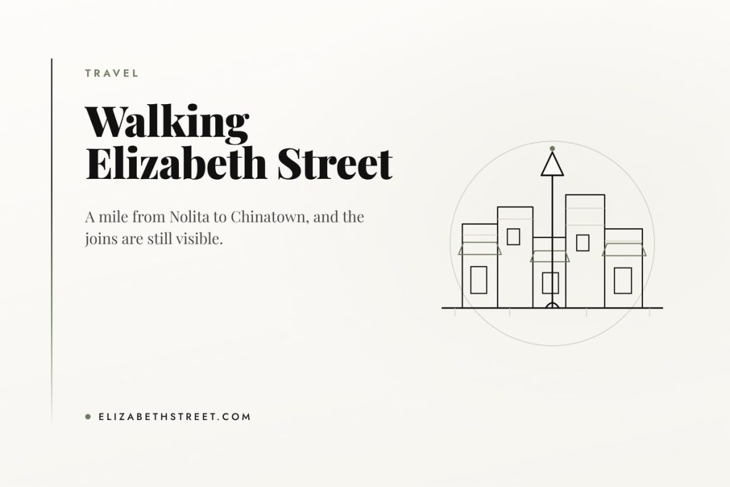 Walking Elizabeth Street: Nolita to Chinatown, End to End Line illustration of a street of shopfronts and awnings running the length of Elizabeth Street
