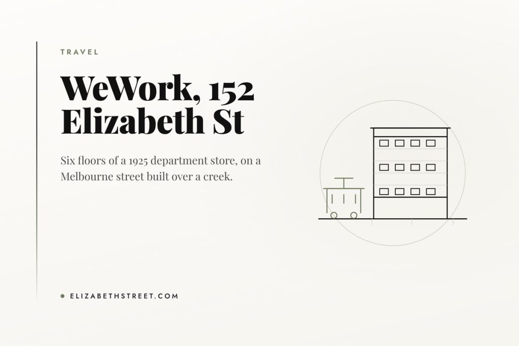 WeWork 152 Elizabeth Street, Melbourne: Inside the London Stores Line illustration of a 1920s department store building and a tram on Elizabeth Street in Melbourne